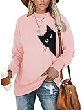 FRYAID Women's Funny Cat Print Sweatshirt Long Sleeve Pullover Lightweight Hoodie Shirt Pink