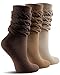 FITRELL Slouch Crew Socks for Women, 3 Pairs Soft Cotton Mid Calf Cute Retro Scrunch Socks, Khaki+Light Brown+Dark Brown, Small-Medium