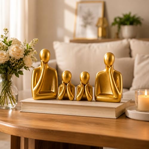 Image of Floryn Decor Ceramic Family Statue Set of 4 - Home Decor Items for Living Room, Bedroom, Office & Table Artifact (Gold)