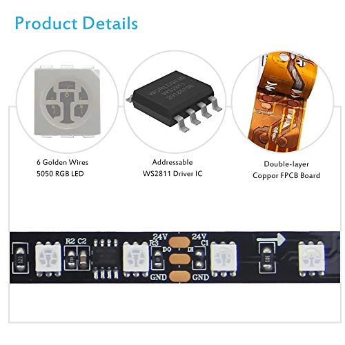 ALITOVE 32.8ft 24V WS2811 Addressable RGB LED Strip Light Programmable Dream Color Digital Flexible LED Pixel Light Rainbow Chasing Effect LED Rope 10m 600 LEDs 5050 SMD Non-Waterproof Black PCB