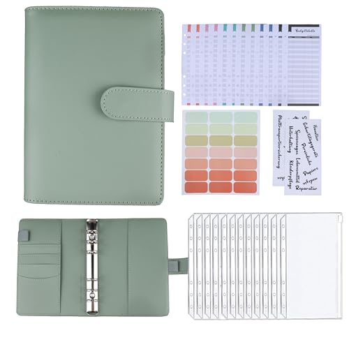 AMO HERMOSO Budget Planer Binder A6, Geldumschläge Umschlagmethode,Budgetplaner Geld Organizer Sparbuch mit Folien für Finanzplaner Sparen Mappe (Grün)