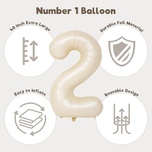 Image of Number Balloons for Birthday Decorations - 40 Inch Large Party Balloons 2, Cream Foil Number Balloons for Boys Girls, Balloons for Party Supplies