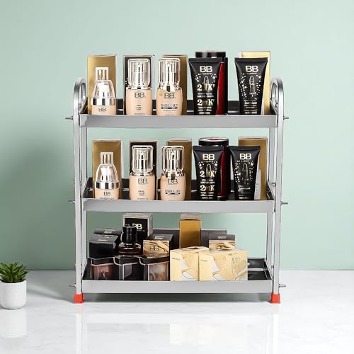 Image of Stainless Steel 3-Tier Storage Rack for Kitchen, Bathroom & Vanity, Multipurpose Shelf Organizer for Jars, Spices, Toiletries & Cosmetics Stand, Countertop Stand