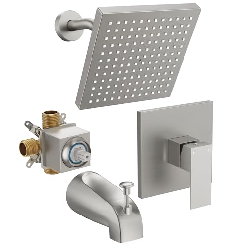 FROPO Tub Shower Faucet Set with Valve, 8- Inch Square shower head and tub faucet set Brushed Nickel, Rainfall Shower Faucet Set with Tub Spout, High-Pressure Tub Shower Trim Kit