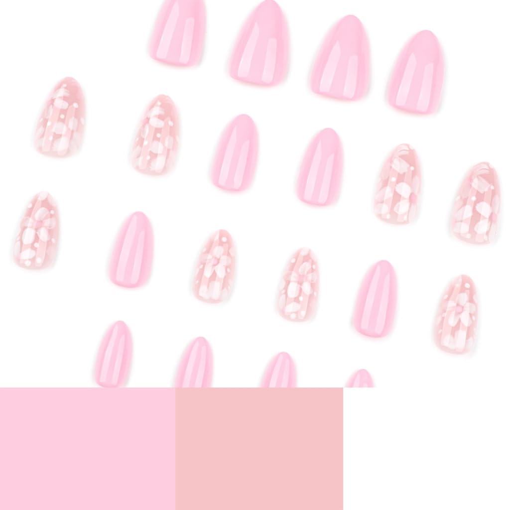 24Pcs Almond Fake Nails Artificial Nails False Nails Glues On Nails Flower Designs French Nails Tips