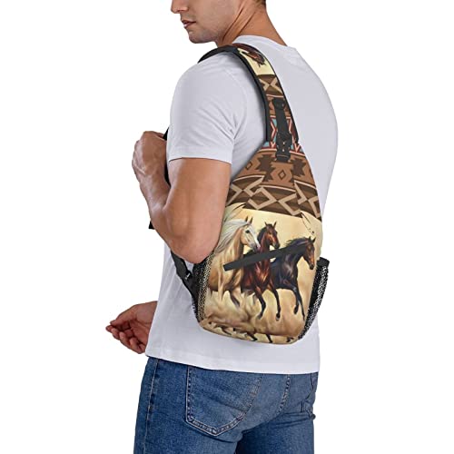 Horse Pattern Sling Bag Crossbody Backpack,Aztec Boho Ethnic Style Western Horse Chest Bag Three Horses Run In Desert Sandstorm Adjustable Shoulder Backpack Travel Hiking Casual Daypack2