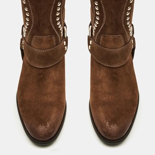 Women's Suede Knee High Riding Boots Studded Western Boots Round Toe Motorcycle Boots Wide Calf Pull on Biker Boots3