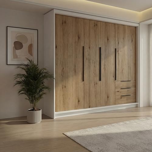 A&J MöbelLand KLARI Kleiderschrank 4-türig mit 3 Schubladen & Metallgriffen, B200 x H215 x T59,5 cm – Korpus Weiß, Türen Eiche Sonoma, Schubladen Eiche Sonoma
