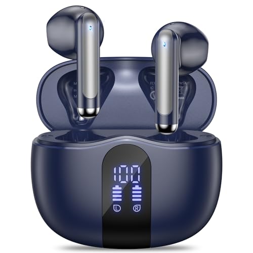 JYUESJKJ Wireless Earbuds, Bluetooth 5.4 Headphones HiFi Stereo with 4 HD Mic, 50H Playtime Bluetooth Earbuds with LED Display, IPX7 Waterproof Wireless Earphones, Touch Control Ear Buds,USB-C Blue