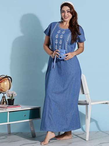 Image of 9shines Label Stylish Denim Cotton Nighty Maxi for Women | Full Length Trendy Nightgown | Premium Nightdress | Nightwear | Embroidery Nighty with Pocket (9SDS)