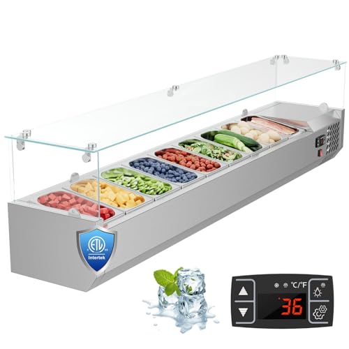 Mojgar ETL Certified 71 inch Sandwich & Salad & Pizza Bar Refrigerator Countertop,304 Stainless Steel Food Prep Table Station Fridge,Commercial Condiment Cooler with 1/4 Pan*9,Glass Guard