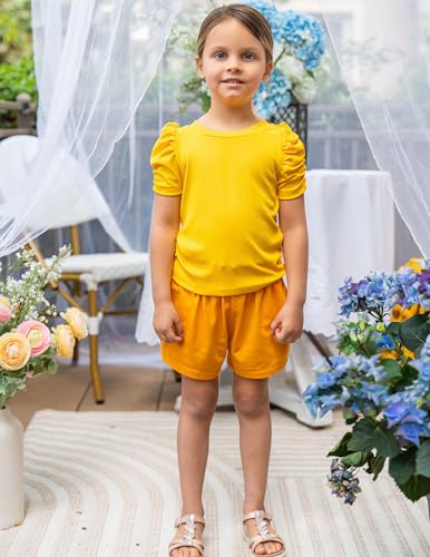 Image of Arshiner Girls Puff Short Sleeve Shirts Summer Ribbed Knit Crewneck T Shirt Tops Tee Blouse