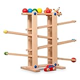 Holzkugelbahn 50 cm hoch, aus Buche massiv gefertigt und wird mit 7 mobilenTeilen geliefert: 1 x Rollauto, 1x Rollkasper, 1 x Rollblume / Murmel und 4 x farbige Kugel.