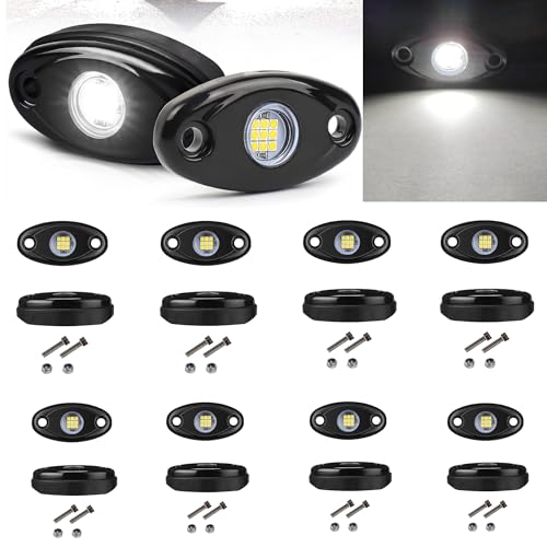 Image of White Rock Light 12pods 6000k Pure White Led Rocks Lights kit Ip68 Waterproof 47inch Extension Wires for ATV Rv Utv SUV Offroad Pickup Trucks Golf Boat Cars Trailer Fender Underglow Lighting (White)