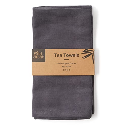 Wild & Stone | Organic Cotton Tea Towel | Herringbone Weave | Cotton Kitchen Towels | Set Of 2 (Slate Grey)