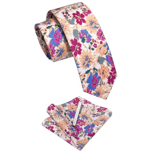 Image of YourTies Cotton Floral Tie for Men 2.5 inch Printed Skinny Necktie Pocket Square Tie Clip Set Flower Wedding Party Groom