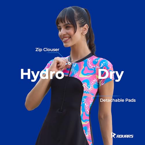 Image of Rovars Spandex One Piece Swimming Costume for Women I Removable Pads I Half Sleeves I Half Length I Front Zipper