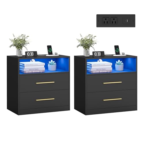 VASAGLE Custos Collection - Set of 2, 23.6 Inch Wide Nightstands with Charging Station, LED Lights, Modern Night Stands, Side End Tables with Drawers, Open Shelf, 2 AC Outlets USB Ports, Ink Black