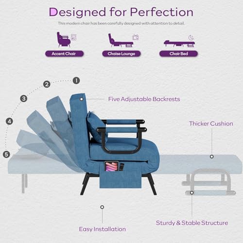Image of TYBOATLE Sleeper Chair Bed Set of 2, Small Folding Sofa Bed, Azure Blue | Comfy, Small, Cozy, Convertible, 5 in 1, Adjustable Backrest, Side Pockets, Pillow, Small Spaces, Office, Dorm