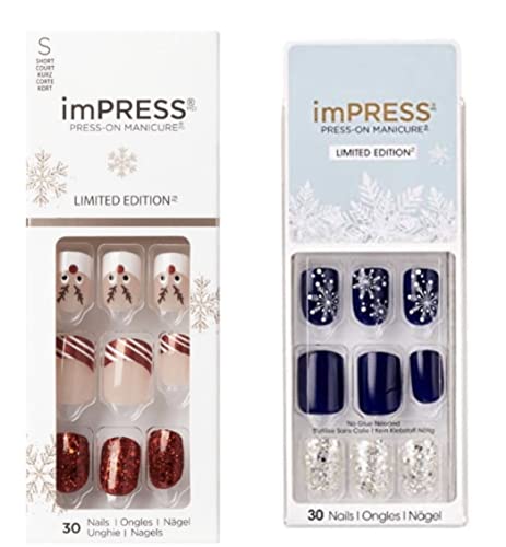 Kiss ImPress Press-On Manicure Navy Blue Nails Christmas Limited Edition 82713 Stuff It (Snowflakes)