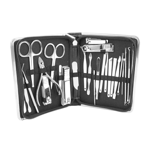 KAKAKE Juego de Manicura, Kit de Cortaúñas Fácil de Limpiar, Kit Completo de 26 Piezas de Acero Al Carbono Negro con Estuche de Almacenamiento para Salón