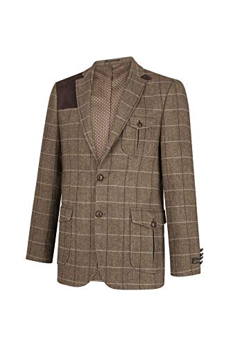 Mens Wool Tweed Shooting Jacket Check Hunting Herringbone Blazer Oak Elbow Patch - Brown 44 - Thumbnail 3