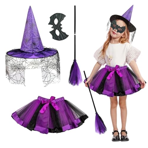MIVORA Disfarce de bruxa de Halloween, 4 peças disfarce bruxa menina Tutu, disfarces de Halloween bruxa, com chapéu de bruxa vassoura e Tutu, para festa Cosplay Carnaval (B)