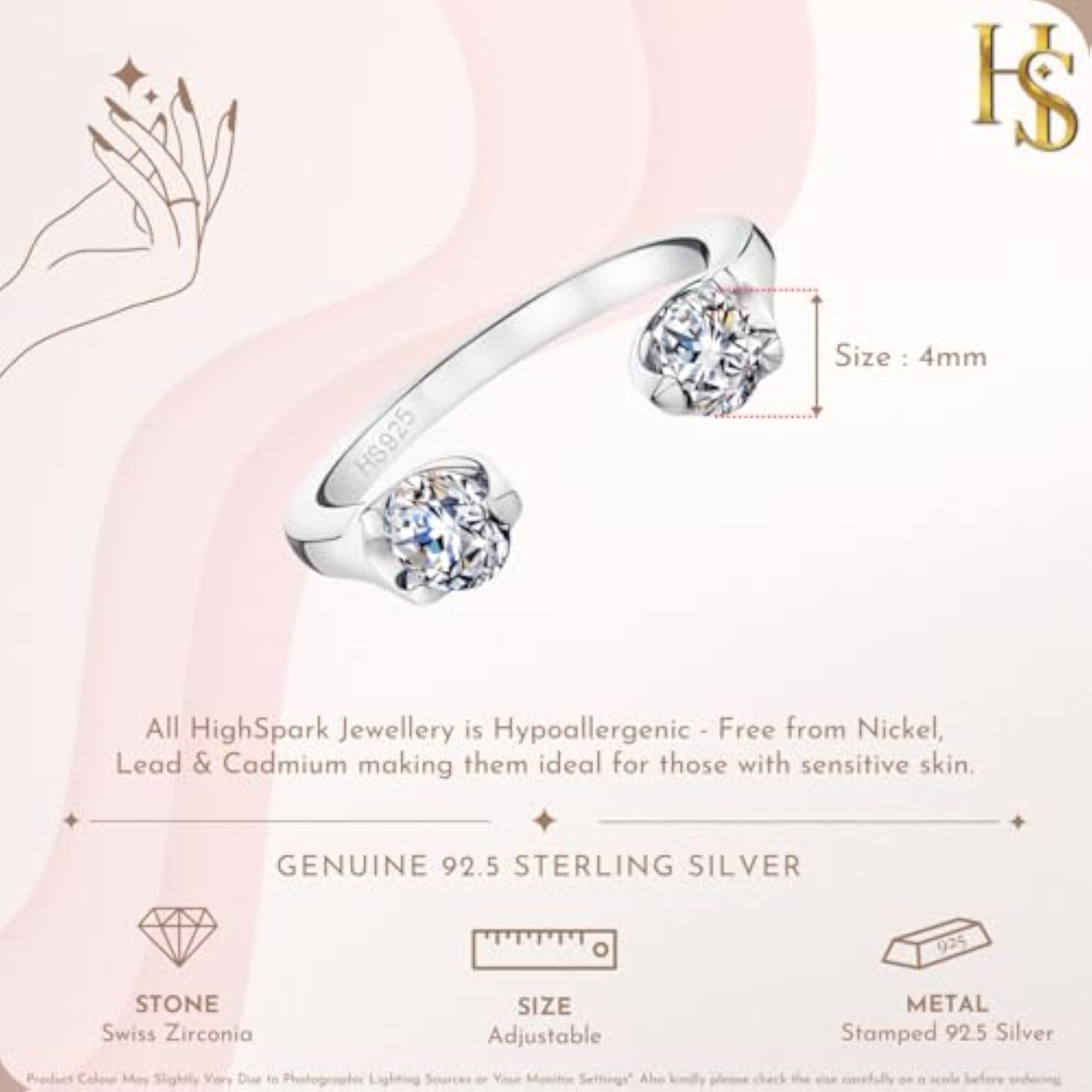 Women's 925 Silver Double Diamond Open Ring, Adjustable Style
