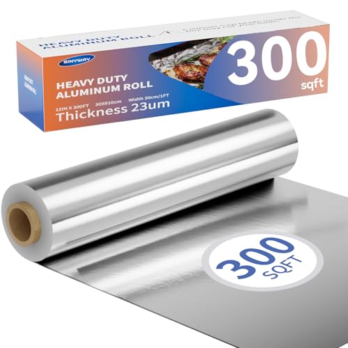 23 Micron Heavy Duty Aluminum Foil Roll 12 In x 300 SqFt, Tin Foil Wrap with Cutter Box, Durable & Tear Foil Aluminum Roll for Cooking, Baking, Restaurant Use Grill Grate Coverage & Food Storage