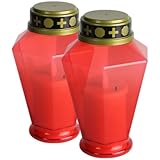 Beavorty 2 Stück LED Grableuchten Flammenlos Wetterfest Rot Hexagon Form Batteriebetriebene Grabkerzen für Außenbereich Friedhof Kirche Dekoration