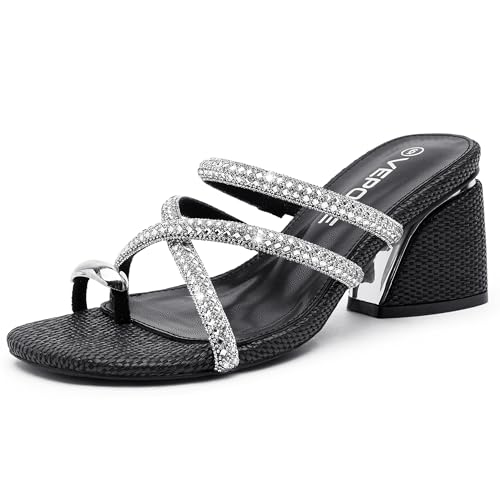 Vepose Women's Sparkly Chunky Block Heels - Comfortable Square Toe Slip On Rhinestone Strappy 3 Inch Shoes for Wedding Prom Formal Dressy Casual Daily Wear 6122 6 Black