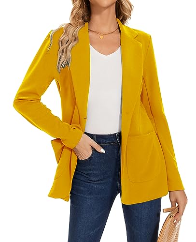 LADI TREND Women Blazer Jacket Elegant Notched Lapel Tops Coat Outerwear for Formal Occasions (Yellow L)
