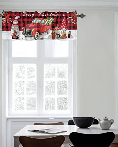 Window Valances Kitchen Short Curtains, Farm Truck With Christmas Tree Gnome And Gift Rod Pocket Valance Drapes Decorative Window Treatment For Living Room Bedroom Bathroom Snowy Buffalo Red Plaid #TOP6