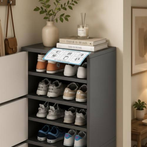 Image of EXVITO Modern Tall Shoe Cabinet, Wooden Flip Door Shoe Storage Cabinet, 4-Door Narrow Entryway Shoe Organizer with Multi-Tier Shelves, Space Saving Shoe Rack for Hallway, Apartment & Home - Black