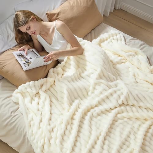 Couverture polaire douce et chaude en velours côtelé blanc pour lit et canapé