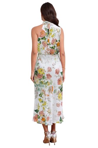 Image of Women's Satin Maxi Dress Summer Formal Wedding Guest Cocktail Dress | Mock Neck Sleeveless,Elegant Silk Midi Long Dress,High Neck,Halter,Aline,Bridesmaid,Bridal Shower Guest,Garden Party,Dinner