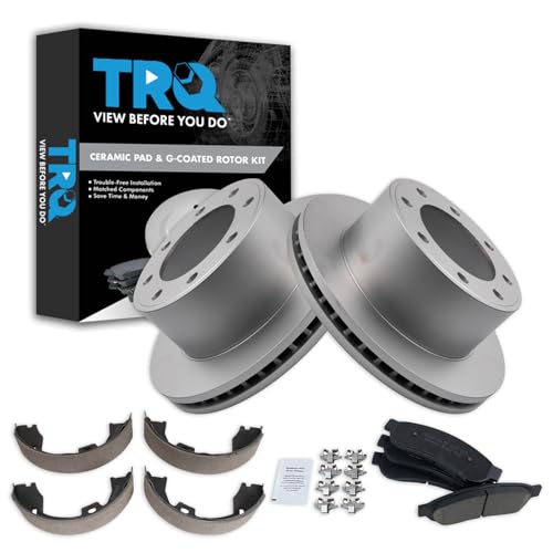 Image of TRQ Rear Brake Pad & Rotor Kit Parking Brake Shoe Set Ceramic Premium G-Coated Compatible with 2011-2012 Ford F-250 Super Duty F-350 Super Duty