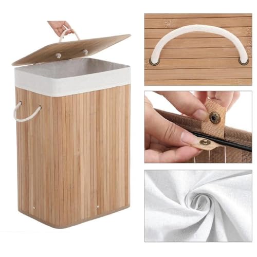 Cesto De Roupa Suja 60 Litros Bambu Com Alça Dobravel Retangular
