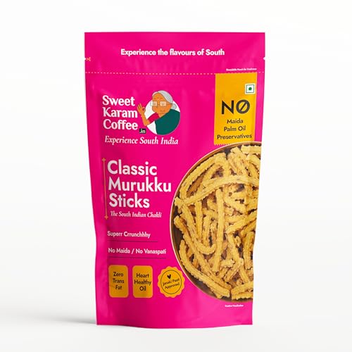 Image of Sweet Karam Coffee Classic Murukku Sticks | No Palm Oil | No Preservatives | South Indian Snack | Crispy Chakli | Tea-Time Namkeen | Festive Special | Deep-Fried Crunchy Treat | Homemade Recipe | 95g