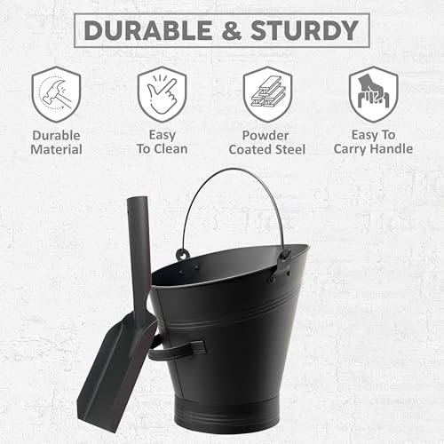 Crystals Fireplace Coal Bucket - Waterloo Style Scuttle With Small Hand Shovel - Metal Fire Ash Storage for Fireplaces - Fire Accessories (Black)