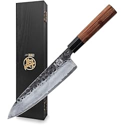 MITSUMOTO SAKARI 8-Inch Japanese Gyuto Chef Knife, 3-Layer 9Cr18MoV | San-Mai Hand-Forged Steel, Deep-Cryo Treatment, Tsuchime and Kurouchi Finish, Octagonal Rosewood Handle, Sandalwood Box