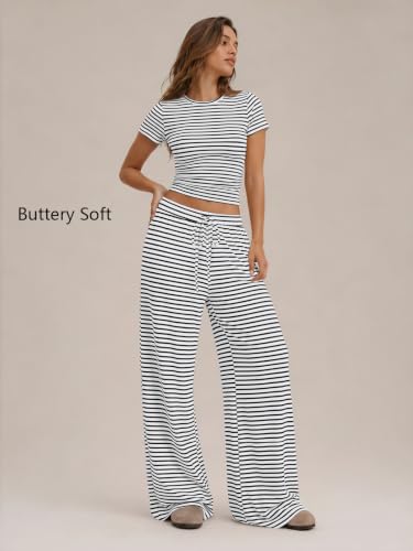 Image of Trendy Queen 2 Piece Matching Summer Lounge Set Womens Side Ruching Top Wide Leg Pants Sets with Pockets