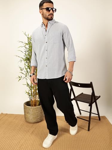 Image of Thomas Scott Men's | Slim Fit | Striped Design | Button-Down Collar | 100% Cotton Casual Shirt for Mens