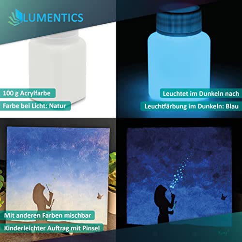 LUMENTICS Malfarbe Blau nachleuchtend 100g - Im Dunkeln leuchtende Farbe zum Malen - Nachleuchtende UV Farbe mit Glow Effekt - Phosphoreszierend - Made in Germany