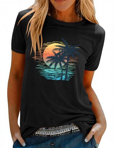 PASUDA Women T-Shirt Tops for Ladies Coconut Tree Graphic T Shirt Cotton Crew Neck Short Sleeve Shirts Casual Loose Blouse Printed Tee Summer Tops (Black Sunset Coconut Palms, S)