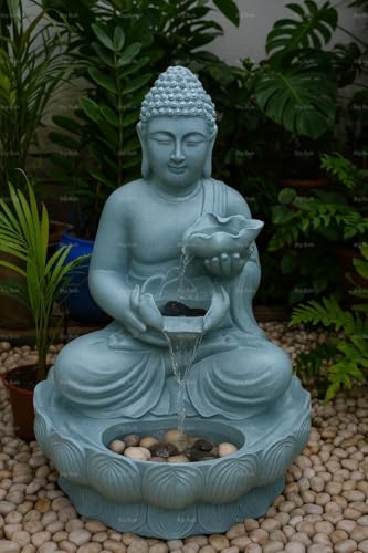 Image of Big Kamal White Buddha Fiber Indoor Outdoor Fountain with Led Lights for Home Decor and Office Decoration Or Gifting (53 x 42 x 84cm) (Lotus Grey New)