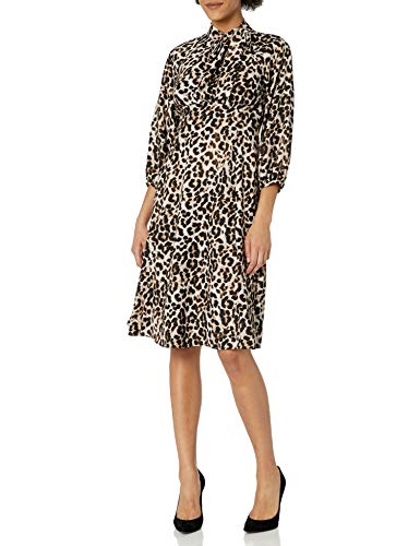 Calvin Klein Women's Long Sleeve Midi Dress with Tie Neckline, Khaki Multi, 6