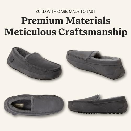 Image of Fireside By Dearfoams Men's Melbourne Genuine Shearling Moccasin Slippers, Memory Foam Sudede Loafers Slip-in House Shoes