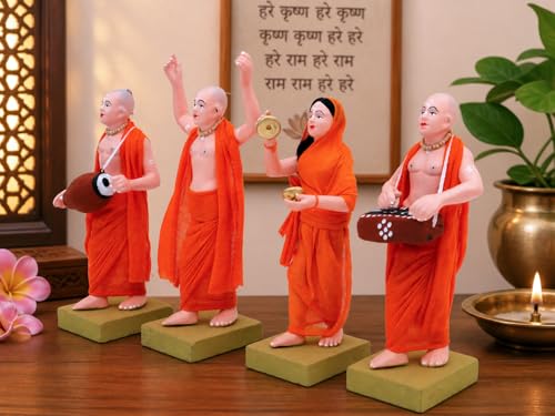 Image of Handmade Terracotta ISKCON Sankirtan Mandali Idol Set |6 Inch Clay Devotional Figurines with Fabric Dress for Mandir Decor and Gifting