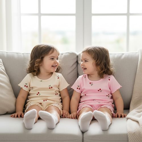 Kupretty Toddler Baby Girl Summer Clothes Ruffle Ribbed Knit Short Sleeves T-Shirt Tops + Shorts Cute Outfits Set (Ruffle Cherry-Pink, 18-24 Months)